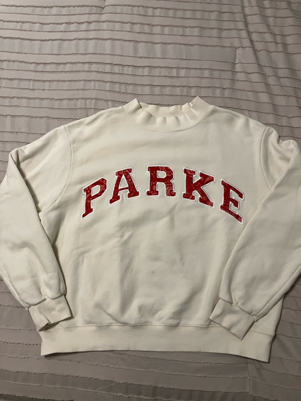Parke L/XL Cream Heritage Varsity Mock Neck with Red Paisley/Bandana Letters